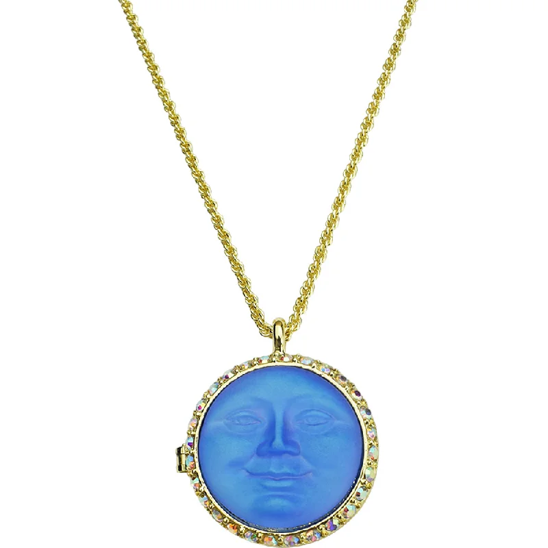 Emerald gem necklaces-Love Never Dies Glass Seaview Moon Locket Necklace (Goldtone/Sapphire AB)