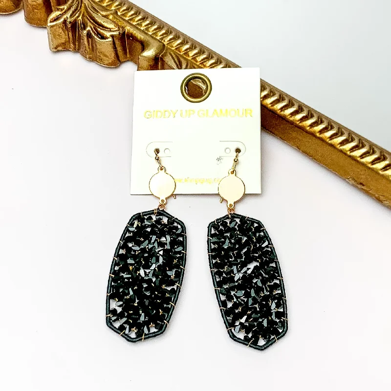 Topaz gem earrings-Black Large Drop Earrings with Gold Tone Accessory