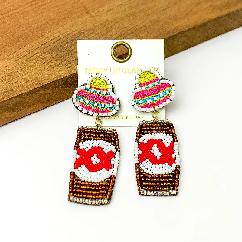 Silk cord earrings-Beaded Gold Beer Can Earrings with Sombrero Studs