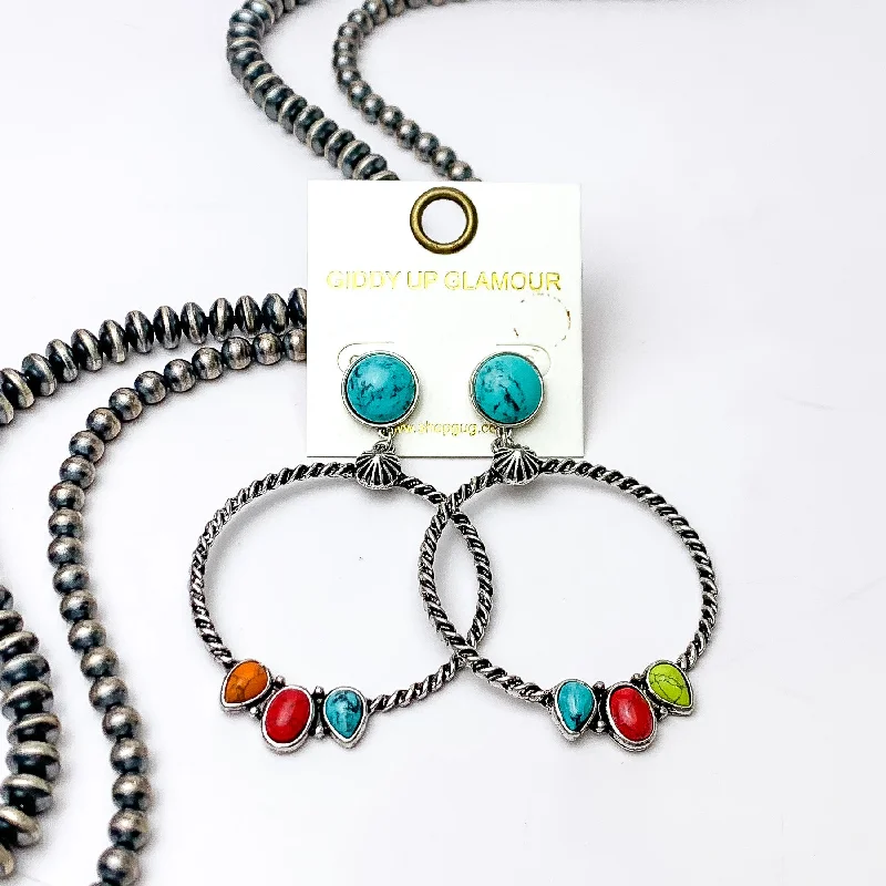 Rough texture earrings-Western Moment Silver Tone Hoop Earrings With Stones in Multicolor