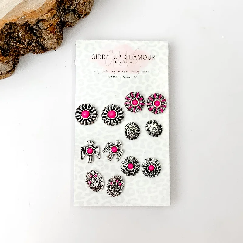 Topaz earrings-Set Of Six | Multiple Fuchsia Pink and Silver Tone Stud Earrings