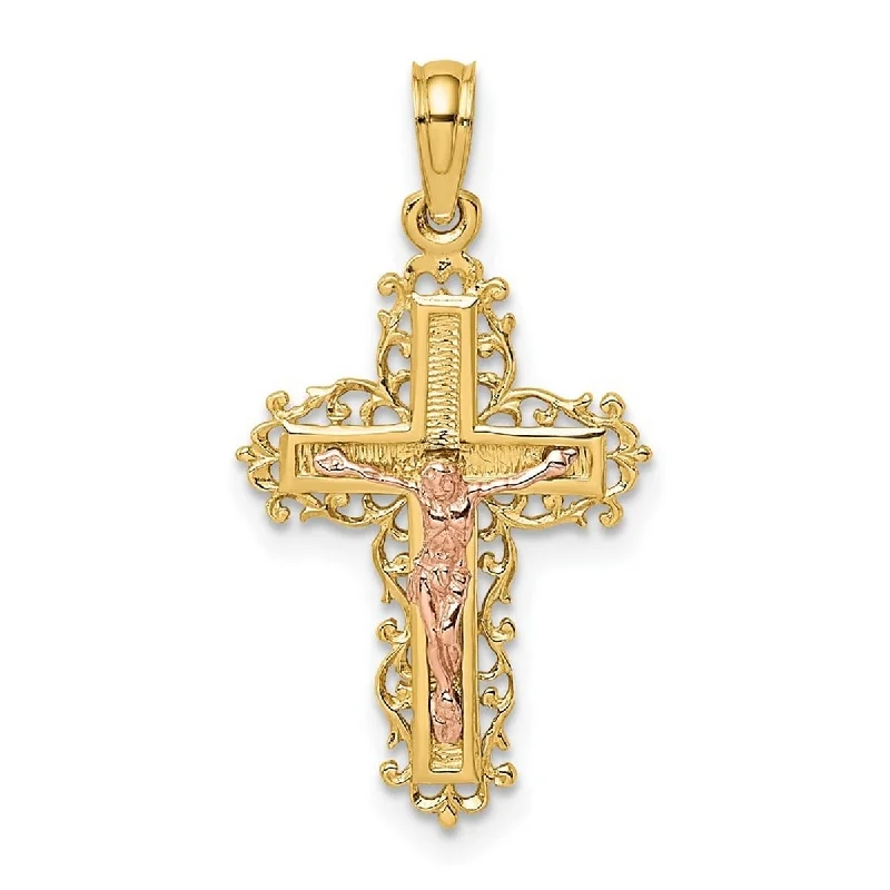 Wide link necklaces-Curata 14k Two tone Gold Crucifix With Lace Trim and Pink Jesus Pendant Necklace, 18"