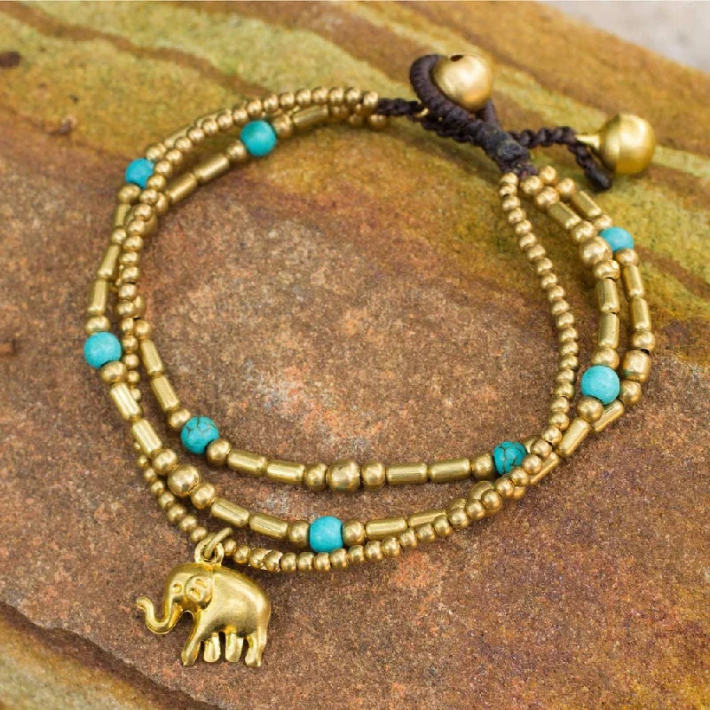 Multi-bead bangles-NOVICA Brass Calcite Thai Elephant Charm Beaded Bracelet (Thailand)