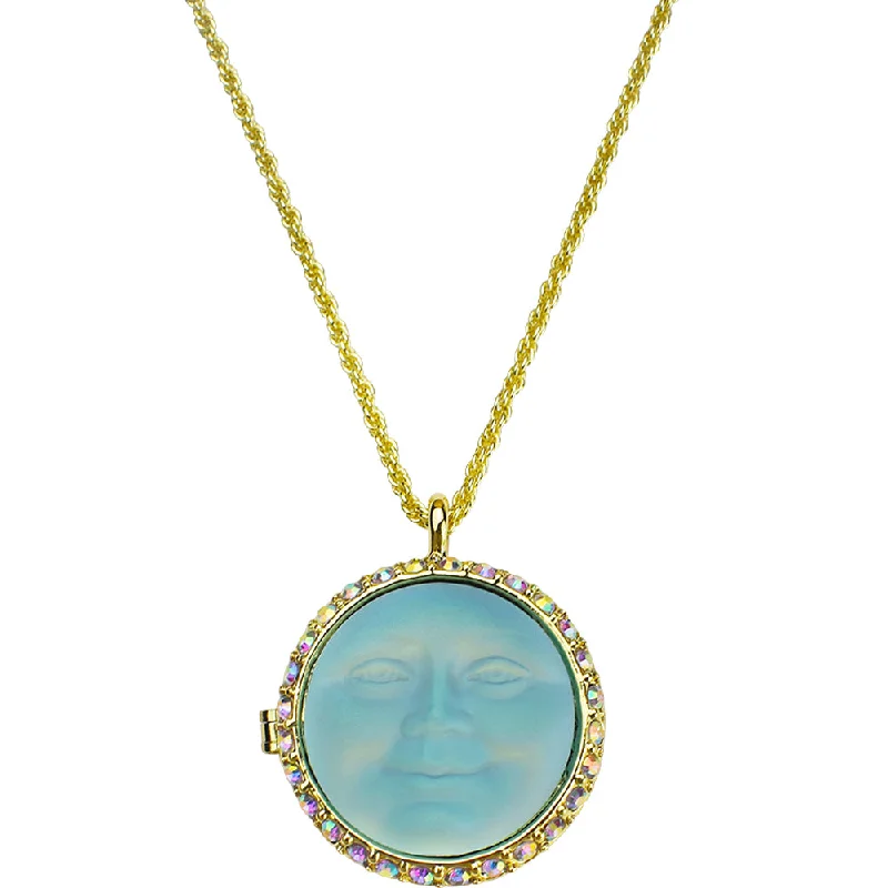 Birch wood necklaces-Love Never Dies Glass Seaview Moon Locket Necklace (Goldtone/Aqua AB)