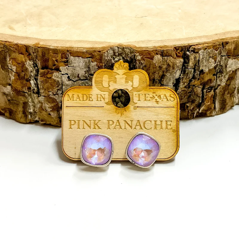 Birch wood earrings-Pink Panache | Silver Tone Stud Earrings with Cushion Cut Crystals in Lavender