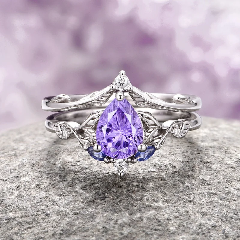 Hope charm engagement rings-Airee Star Cut Lavender Sapphire Ring Set- 14K White Gold