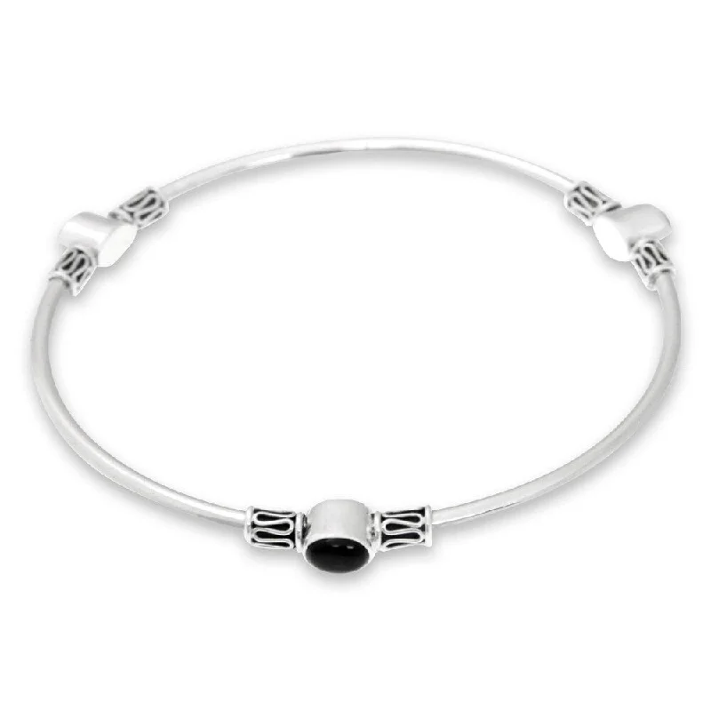 Tiny star bangles-Handmade Harmony of Three Sterling Silver Onyx Bracelet (Indonesia) - Black