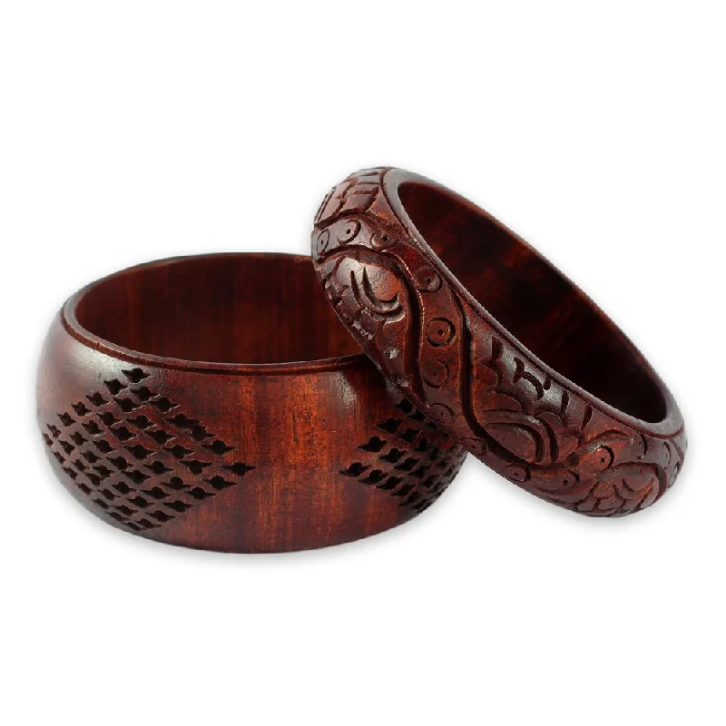 Wide cuff bangles-Handmade Romance Mango Wood Bracelets, Set of 2 (India)