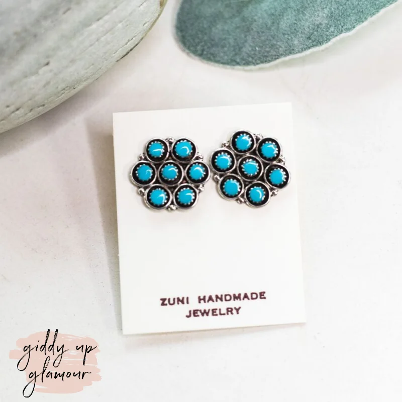 Light clay earrings-Zuni | Zuni Handmade 7 Point Sleeping Beauty Turquoise Flower Stud Earrings