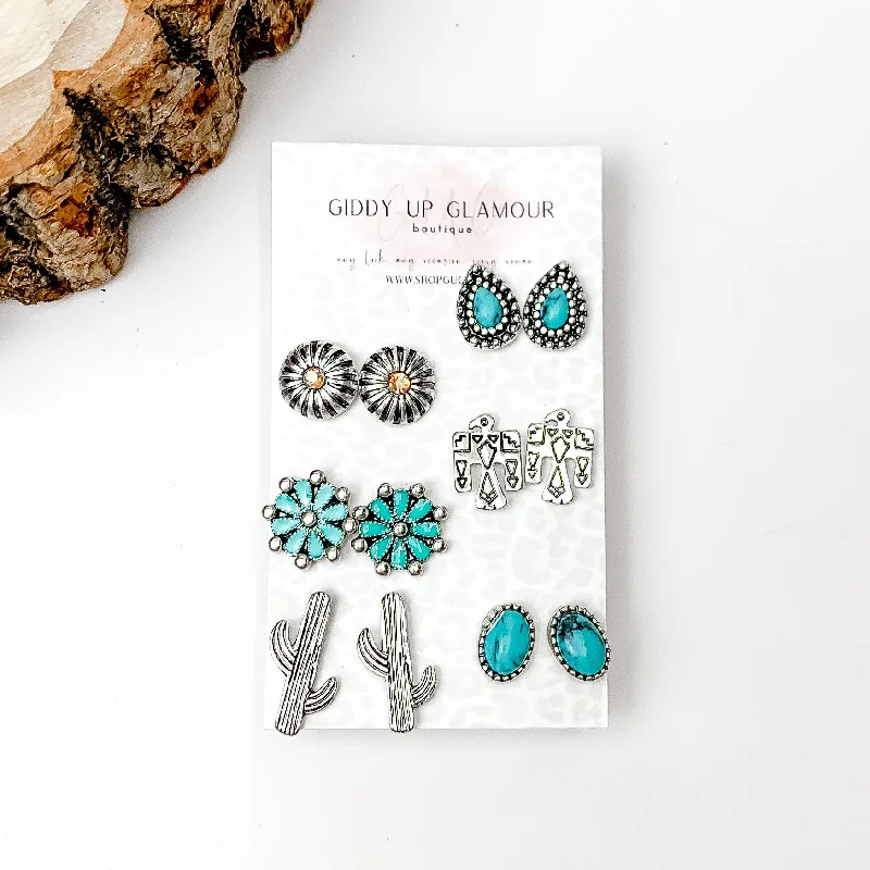 Ruby gem earrings-Set Of Six | Western Themed Turquoise Blue and Silver Tone Stud Earrings