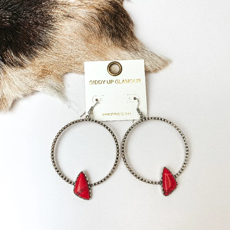 Rough texture earrings-Silver Tone Textured Hoop Earrings with Red Stone