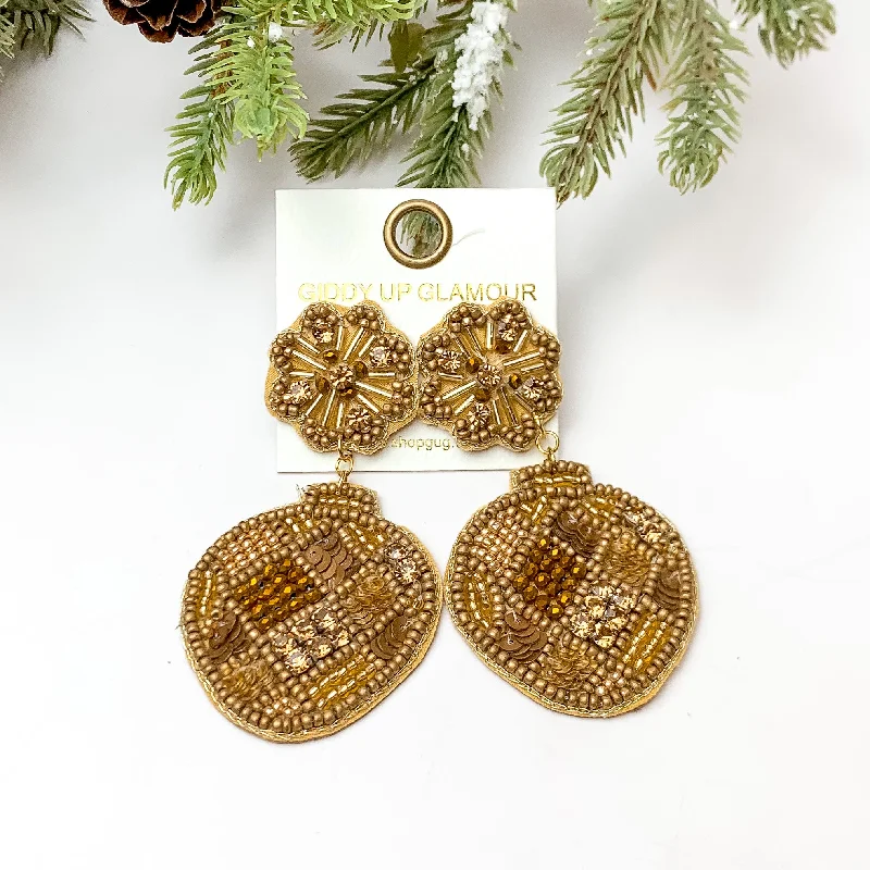 Owl wing earrings-Beaded Post Back Ornament Earrings in Gold Tone