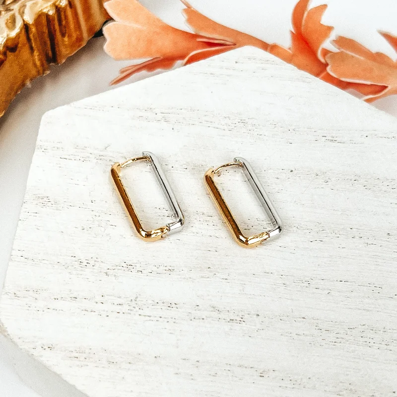 Pure pearl earrings-Two Tone Rectangle Hoop Earrings