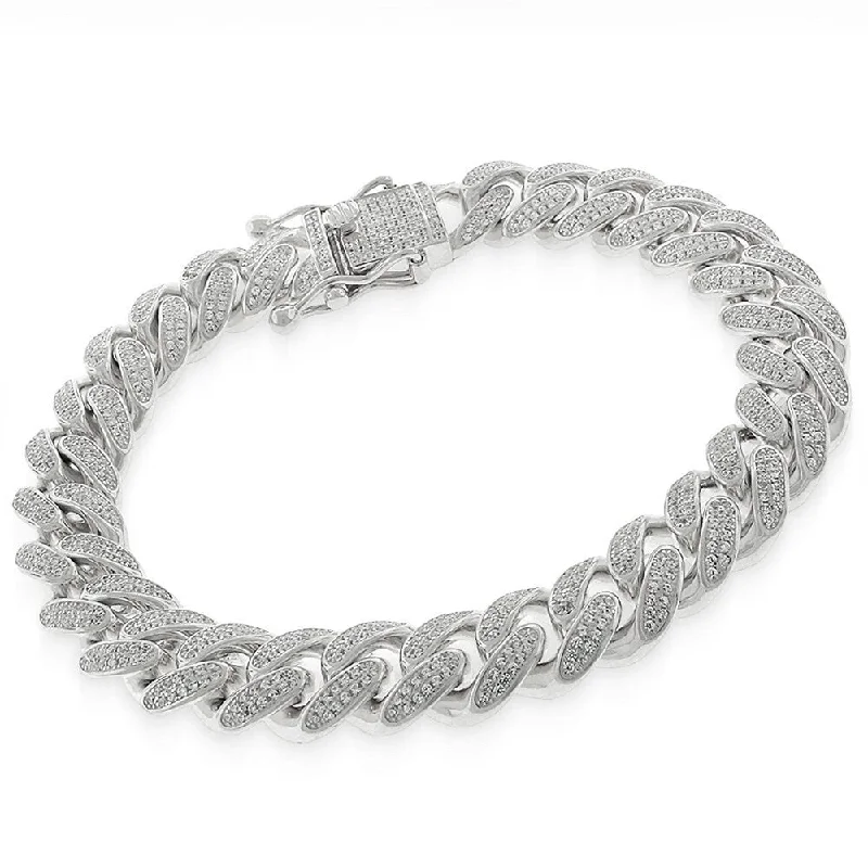 Polished word bangles-Sterling Silver 12mm Iced Out CZ Miami Cuban Solid 925 Rhodium Bling Bracelet Chain 9"