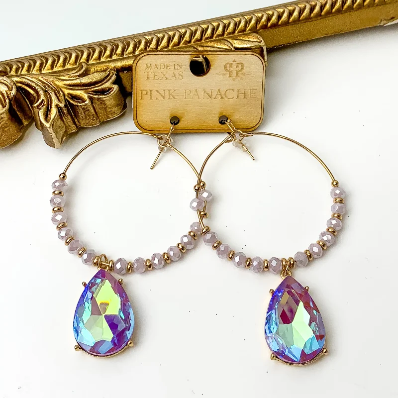 Freshwater pearl earrings-Pink Panache | Lavender Bead and Gold Circles on Gold Tone Hoops with Large Crystal Teardrop in Lavender AB