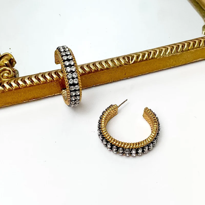 Moon charm earrings-Clear Crystal Inlay and Gold Tone Hoop Earrings with Black Setting