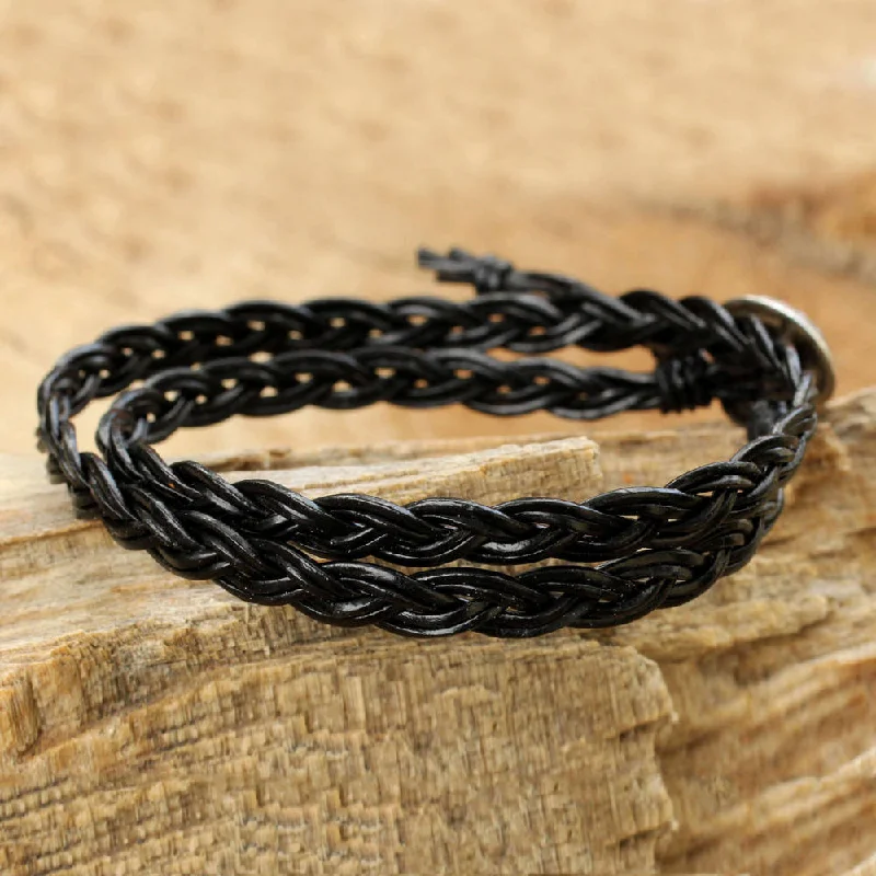 Light clay bangles-NOVICA Handmade Silver Leather 'Black Braid' Bracelet (Thailand)