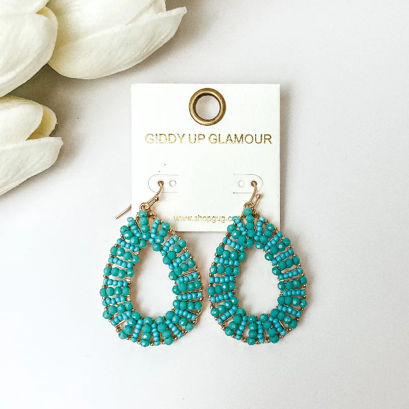 Polished gold earrings-Gold Tone Teardrop Earrings with Turquoise Beaded Outline