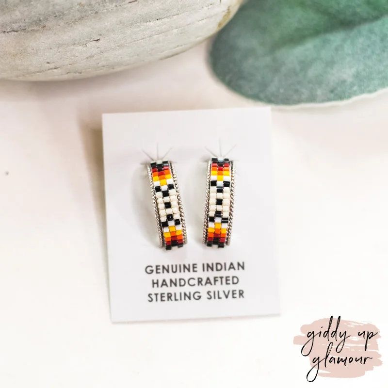 Tiered drop earrings-Navajo | Navajo Handmade Small Multi Colored Aztec Beaded Hoop Earrings in Ivory #1