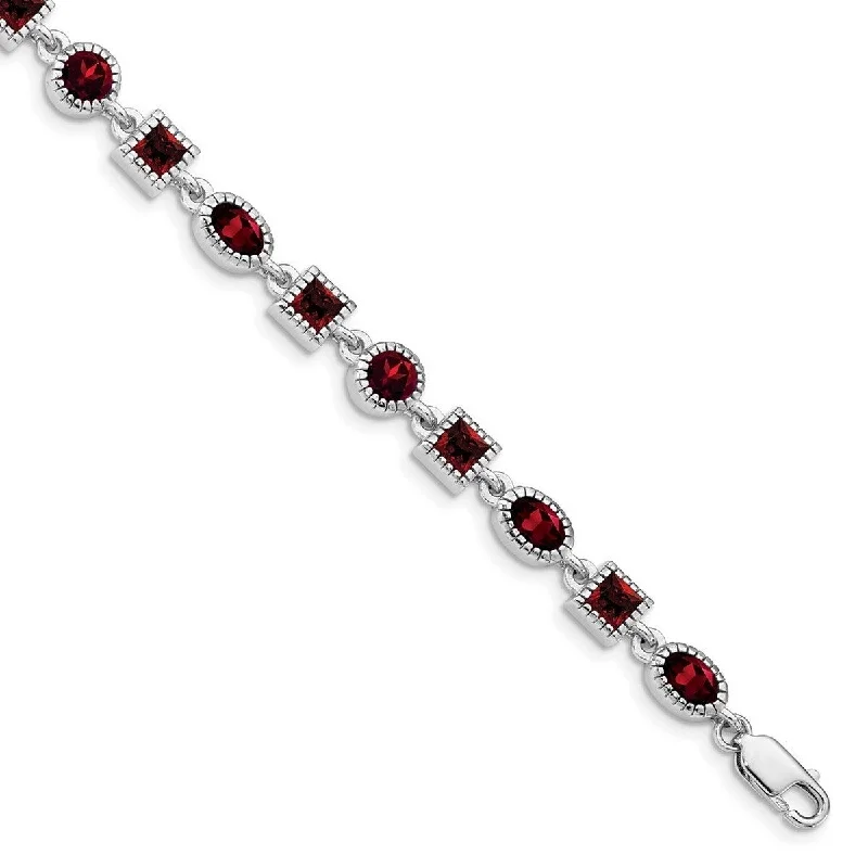 Vivid diamond bangles-Curata 925 Sterling Silver Textured Polished Garnet Bracelet 7 Inch Lobster Claw