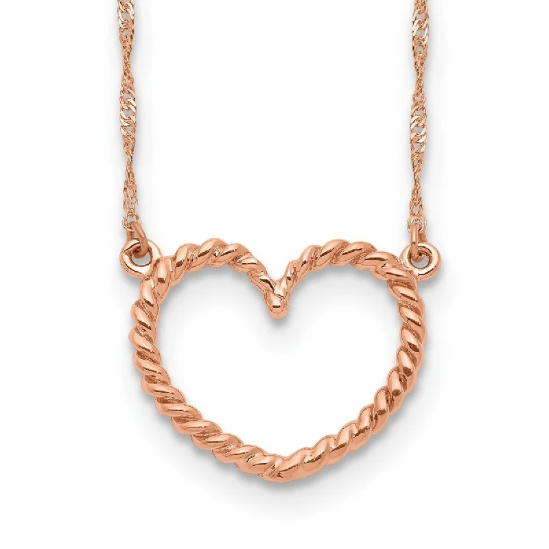 Coiled cord necklaces-Curata 14k Rose Gold Polished and Textured 15mm Open Love Heart Necklace, 17"