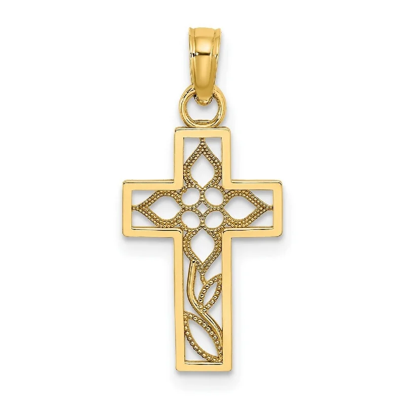 Joy charm necklaces-Curata 14k Yellow Gold Beaded Flower and Stem Cut-out Cross Necklace 12mm x 16.8mm