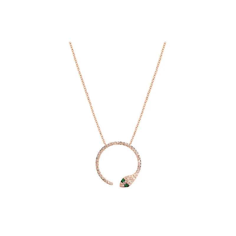 Wave pattern necklaces-14K Rose Gold Diamond Pave and Emerald Circular Snake Necklace