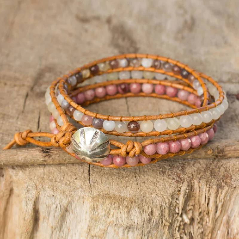 Light clay bangles-Handmade Leather 'Karen Rose' Multi-gemstone Bracelet (Thailand)