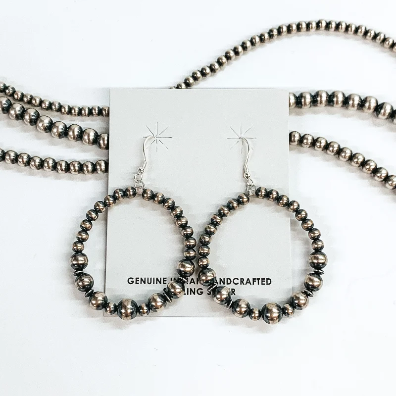 Victorian flair earrings-Mason Lee | Navajo Handmade Sterling Silver Graduated Navajo Pearl Beaded Hoop Earrings with Tiny Saucer Bead Spacers