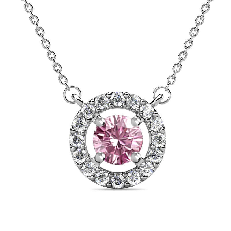 Plated silver necklaces-Royal 18k White Gold Plated October Birthstone Halo Necklace with Round Cut Pink Tourmaline Swarovski Crystals