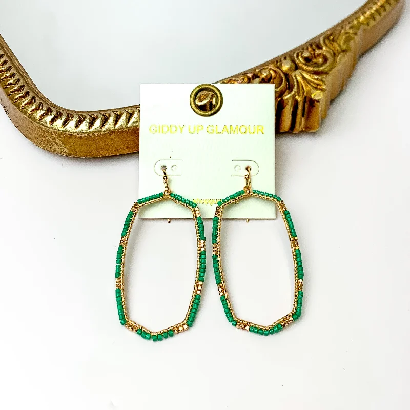 Thin hoop earrings-Green Beaded Open Large Drop Earrings with Gold Tone Accessory