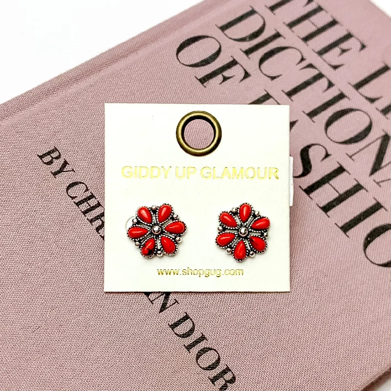 Bright stud earrings-Flower Post Earrings with Faux Red Stones in Silver Tone