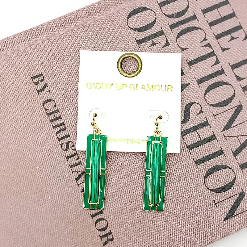 Lunar glow earrings-Everyday Gold Tone Rectangular Pendant Earrings in Kelly Green