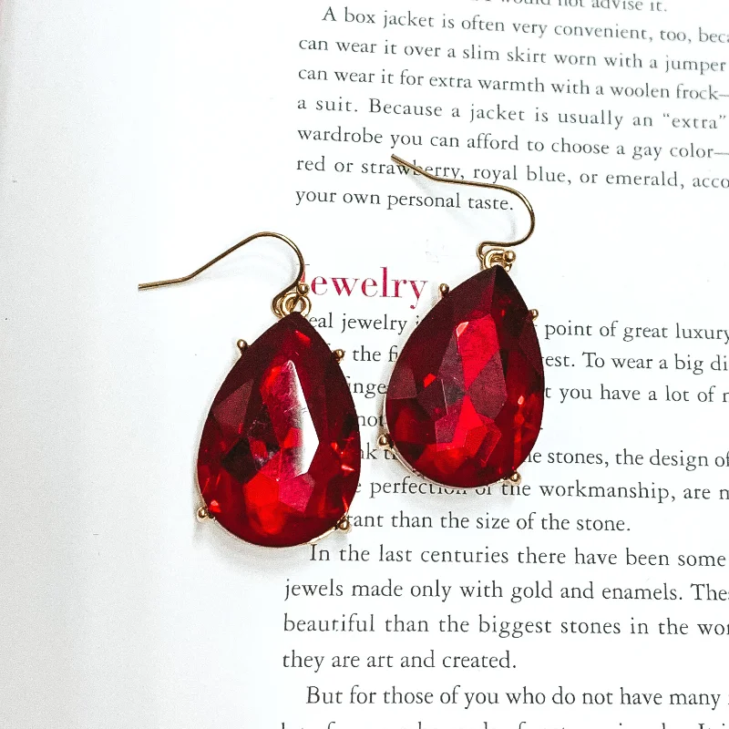 Cotton cord earrings-Pink Panache | Large Red Teardrop Crystals on Gold Fish Hook Earrings