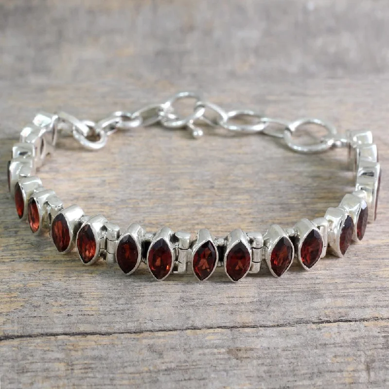 Flex cord bangles-Handmade Sterling Silver 'Red Marquise' Garnet Bracelet (India)