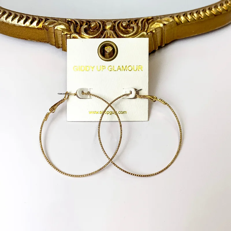 Polished art earrings-2 Inch Thin Wired Rope Textured Hoop Earrings in Gold