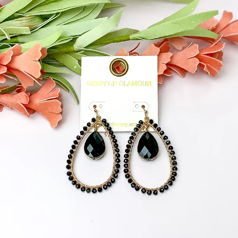 Thick bar earrings-Black Stone Inside Open Beaded Teardrop Earrings with Gold Tone Outline