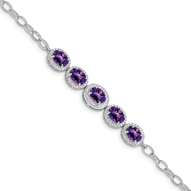 Oval gem bangles-Curata 925 Sterling Silver Rhod Plat Amethyst Bracelet 8 Inch