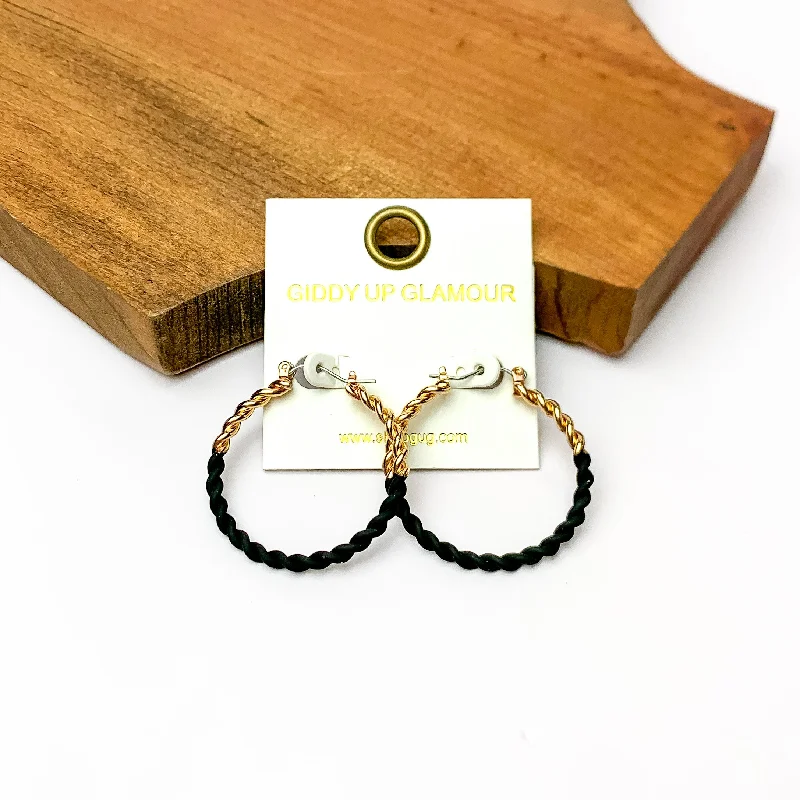 Glossy silver earrings-Twisted Gold Tone Hoop Earrings in Black