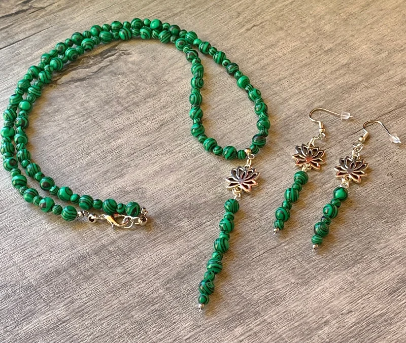 Luxe diamond necklaces-Aurora Handmade Malachite 23" Necklace and Earring Set with Lotus Flower Pendant