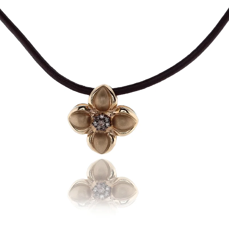 Peace eye necklaces-Estate 14 Karat Yellow Gold Flower Diamond Pendant with Brown Leather Cord Necklace