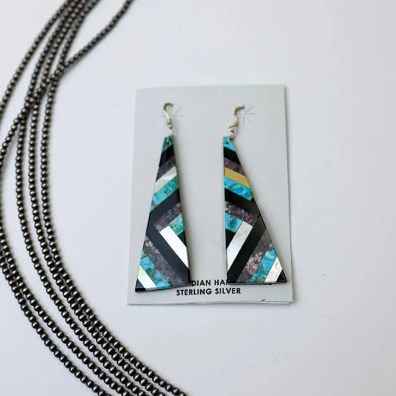 Layered drop earrings-Navajo | Navajo Handmade Turquoise, Opal, and Onyx Geometric Design Slab Earrings