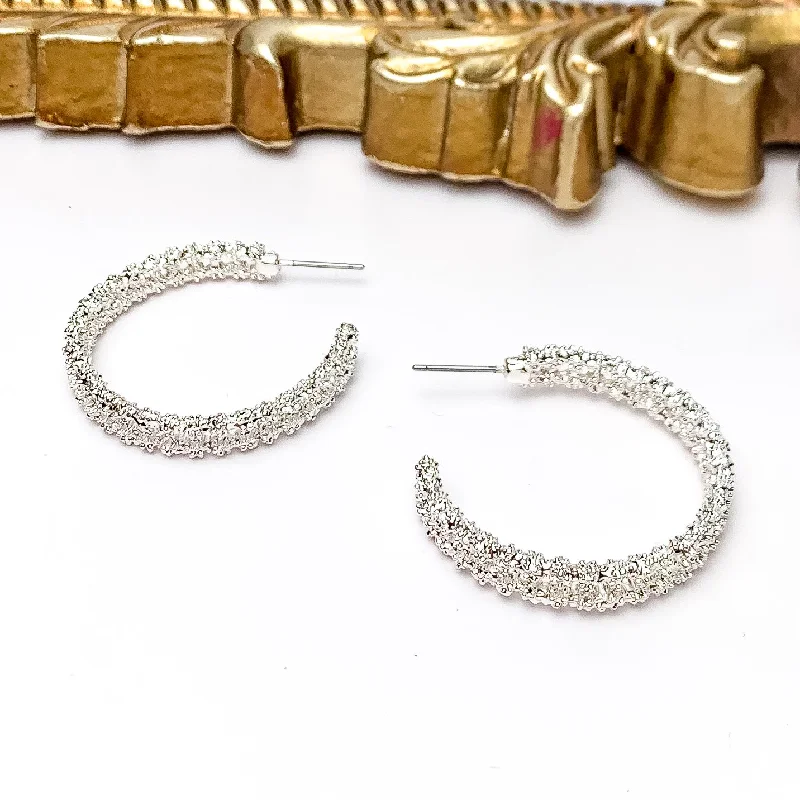 Bold statement earrings-Worry Free Medium Silver Tone Textured Hoop Earrings