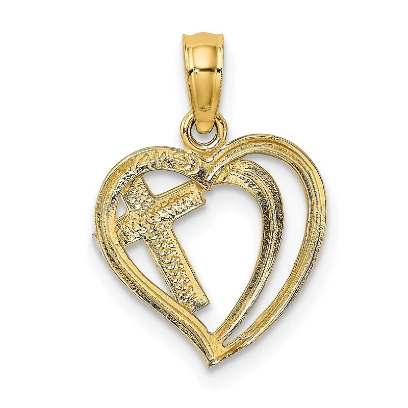 Regency style necklaces-Curata 10k Yellow Gold With Rhodium 18" Textured Cross Inside Polished Heart Necklace (13mm x 18mm)