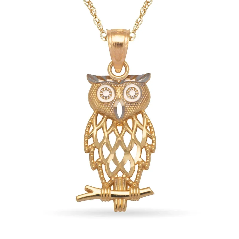 Retro deco necklaces-Curata 14k Yellow Gold 18" 24.1x9.9mm Diamond-cut Filigree Owl Pendant Necklace Necklace