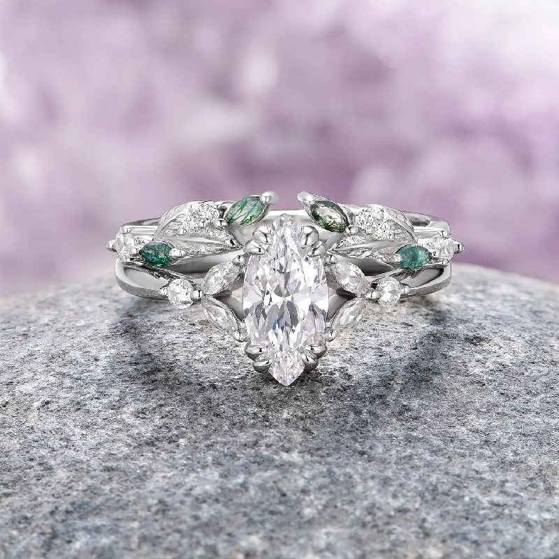 Daisy design engagement rings-Marquise Diamond & Moss Agate Ring Set- 14K White Gold