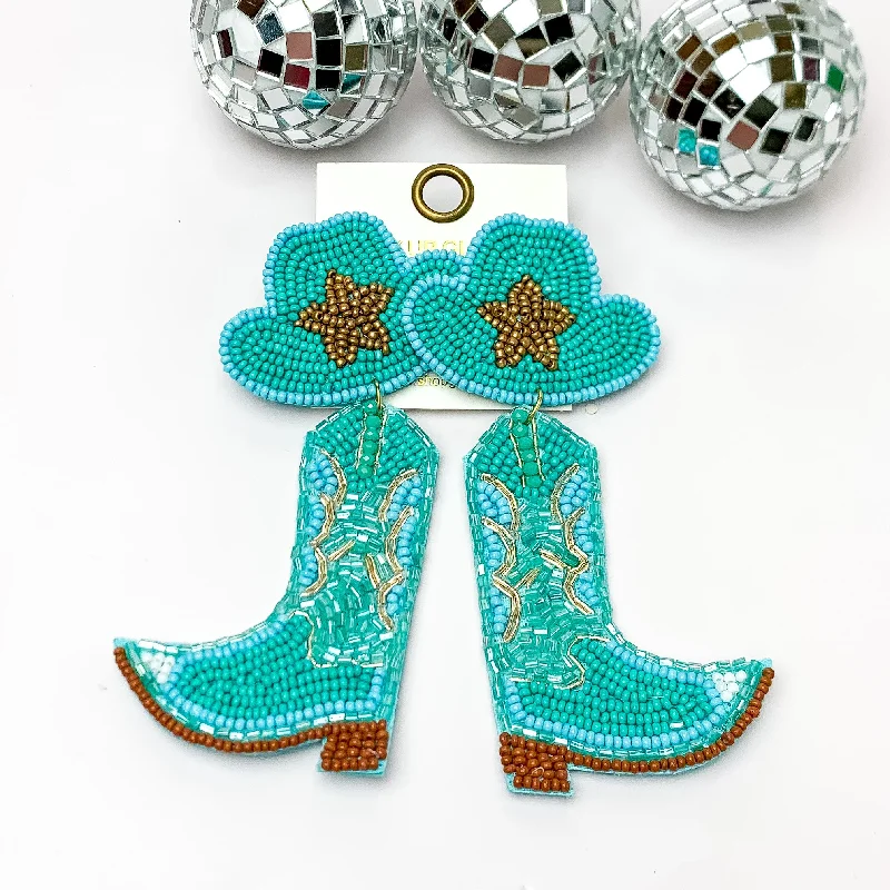 Lapis drop earrings-Beaded Cowboy Hat and Boot Earrings with Gold Star in Turquoise Blue