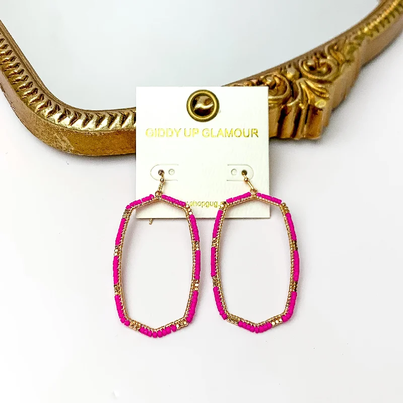 Bright stud earrings-Hot Pink Beaded Open Large Drop Earrings with Gold Tone Accessory