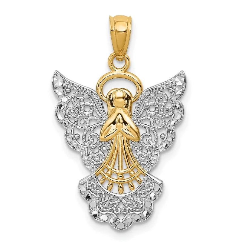 Thick collar necklaces-Curata 14k Yellow Gold and Rhodium 18" Filigree Angel Pendant Necklace - 27.5x17.8mm