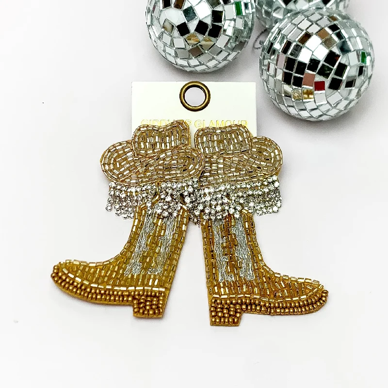 Morganite stud earrings-Beaded Cowboy Hat and Boot Earrings with Clear Crystal Fringe in Gold